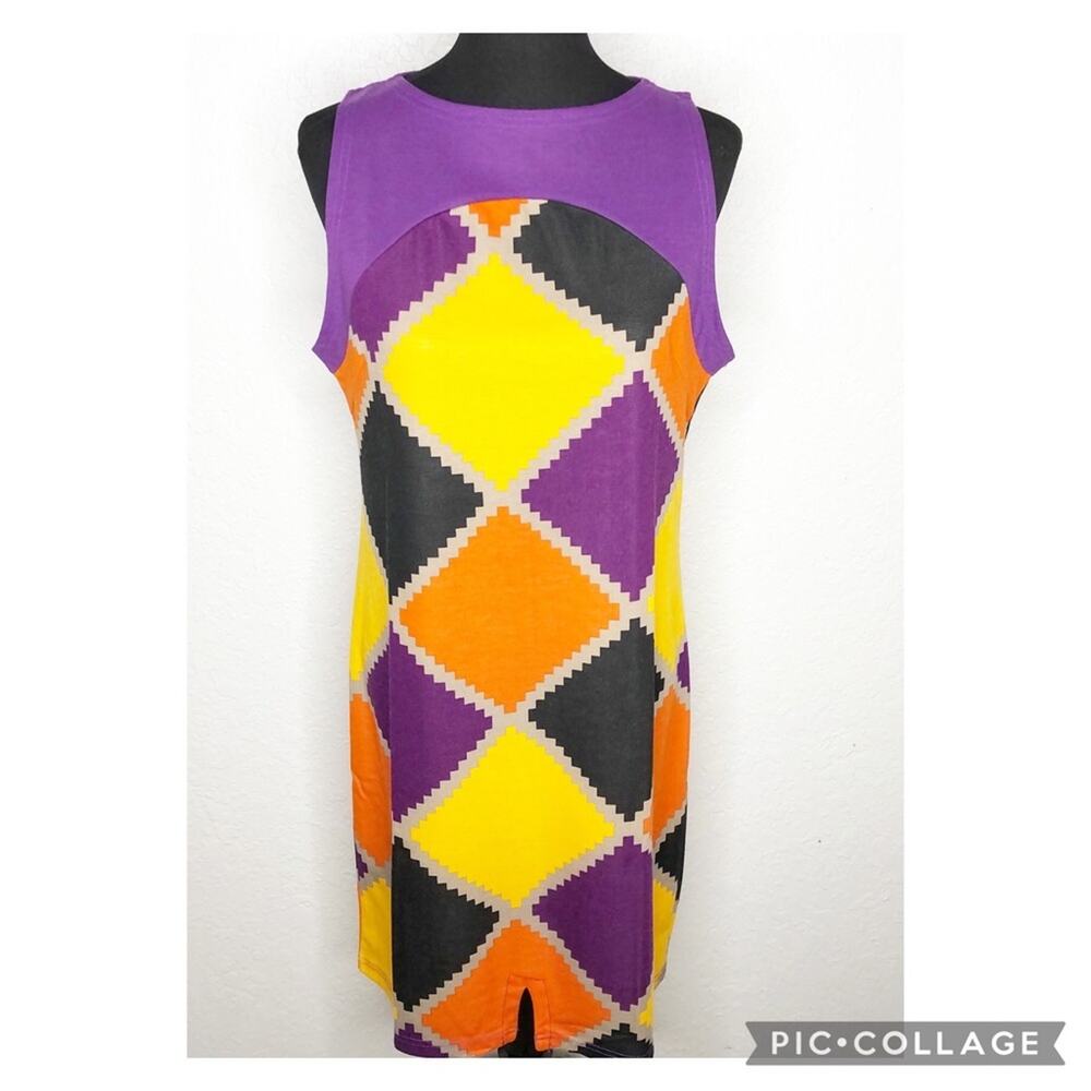 Tracy Negoshian Joan Jagged Diamonds purple orange gold shift dress Large NWT